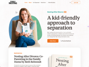 FamilyNesting.org website hero image of Beth Behrednt holding her new book Nesting After Diviorce